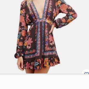 Free People Violet Hill Floral V-Neck Mini Dress Tunic Top Size Small
